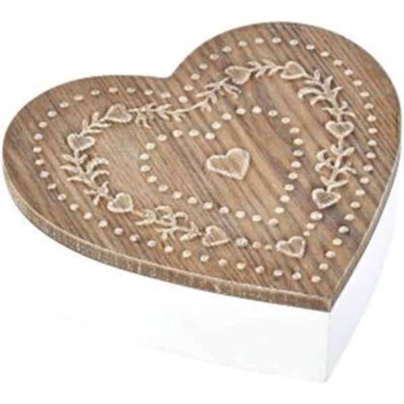 Embossed Wooden Heart Shaped Box by Transomnia. Lovely white wooden box in a heart shape with an natural wood coloured wooden lid that features an embossed heart design. Size: 5.5 x 18 x 17.3cm.